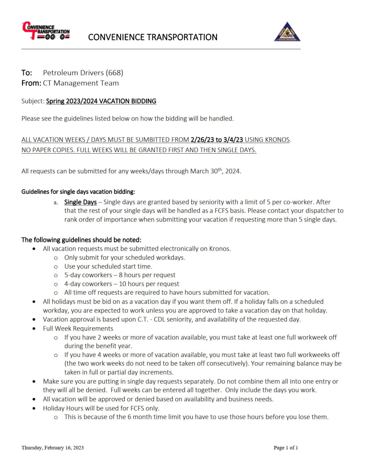 Spring 2023 2024 vacation bidding convenience transportation